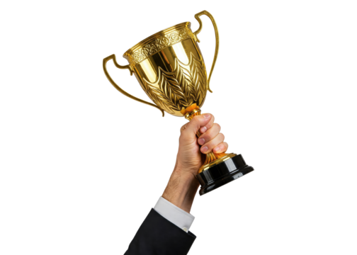 businessman's hand holding a gold trophy