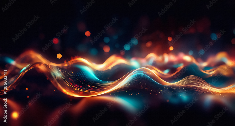 Leinwandbilder abstract waves of vibrant orange and cool blue light flow smoothly on a dark background. bokeh light