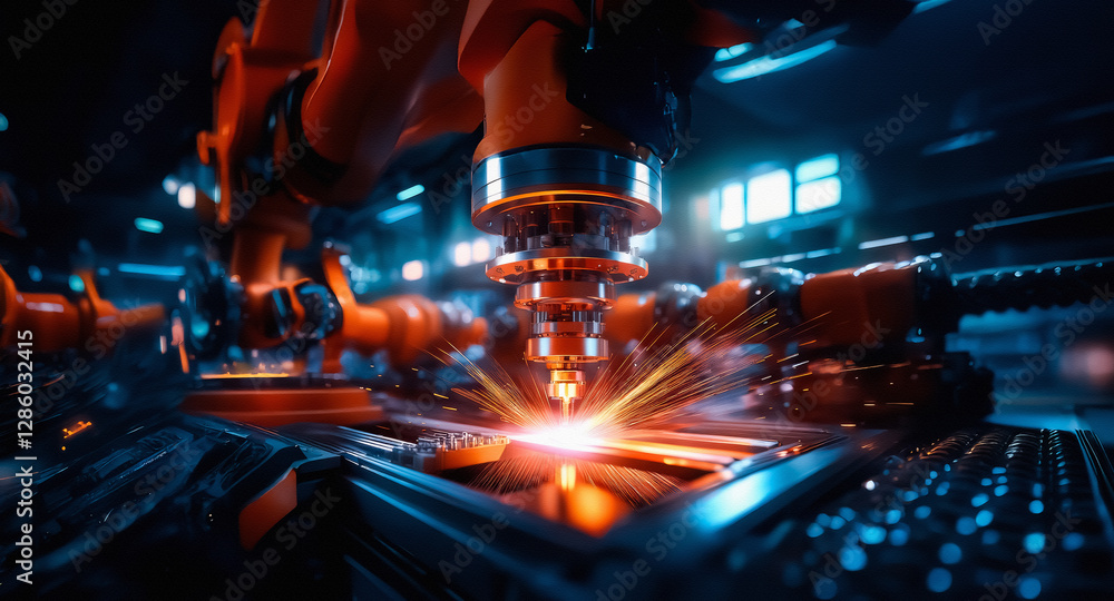 Aufkleber automated robotic arm precisely welds metal, creating bright sparks in a dark industrial setting, sh