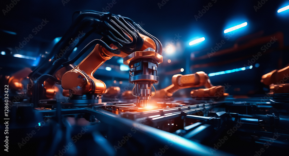 Aufkleber automated robotic arms work in a dark factory setting, performing industrial tasks with sparks. futu