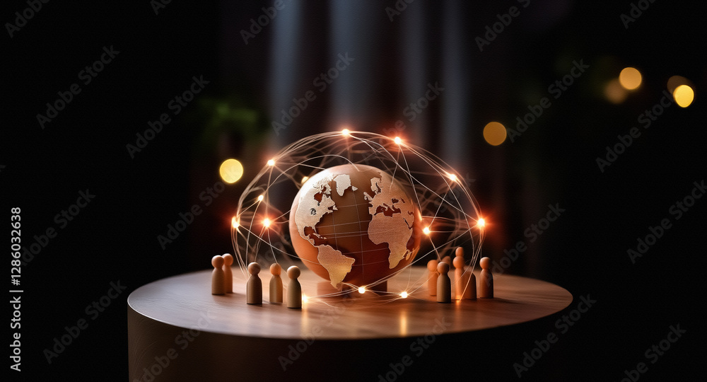 Fototapete A wooden globe with a glowing digital network around it rests on a round wooden table. Small wooden figures stand around the globe's base against a dark background with bokeh lights.