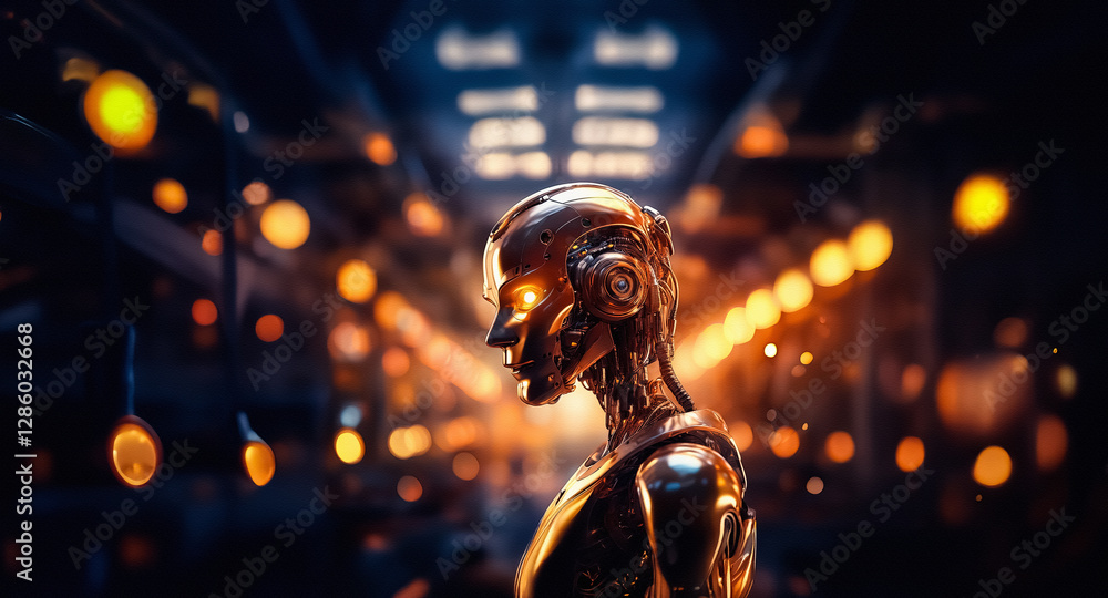 Aufkleber metallic robot with glowing orange eyes in a dark industrial setting with bokeh lights. futuristic, 
