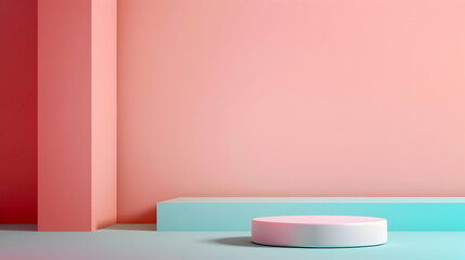 Minimalist studio space with pastel pink and blue walls, showcasing a circular pedestal