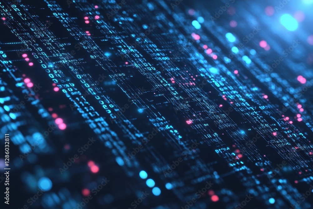Poster vibrant digital landscape showcasing flowing binary code with glowing particles at night. generative