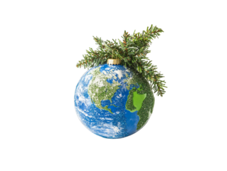 Earth-shaped christmas ornament with greenery depicting a festive globe theme