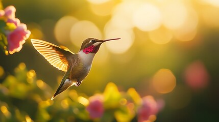 Fototapeta premium Hummingbird in flight, sunset, flowers.