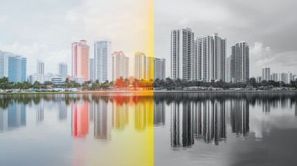Fototapeta premium Urban Reflection: A Cityscape Divided by Color and Tone