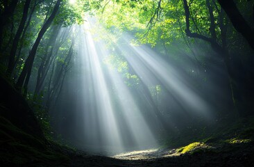 Obraz premium Rays piercing the fog among the trees