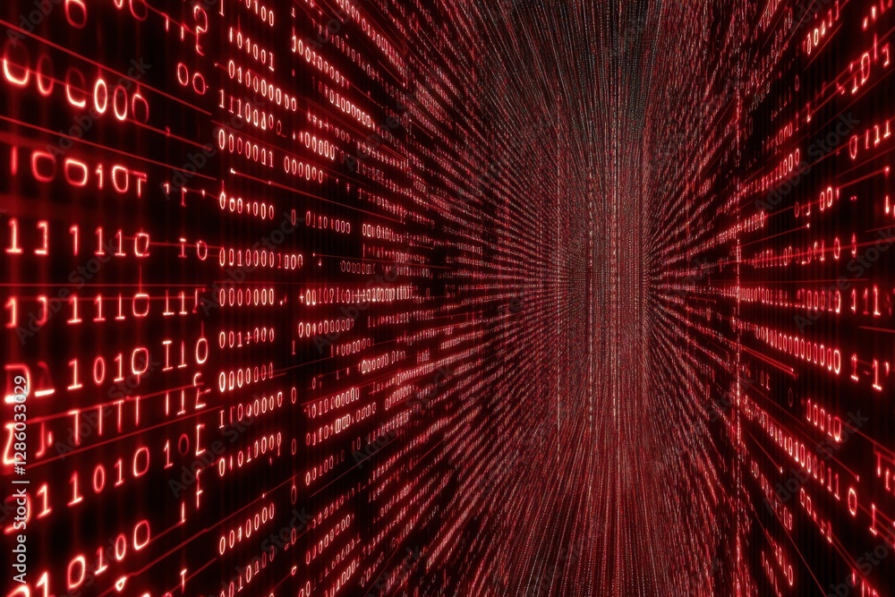 Poster Exploring the digital cosmos through streams of binary code and vibrant hues of crimson light. Generative AI