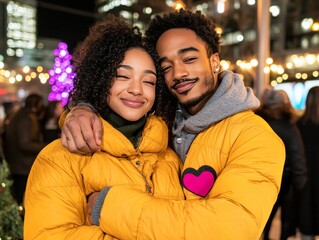 Fototapeta premium Young couple in winter jackets embracing warmly at a holiday market with festive lights exuding joy love and seasonal spirit in a high resolution lifestyle photography image