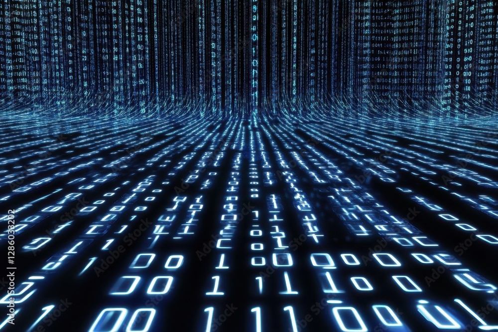 Poster exploring the depths of a digital landscape filled with flowing binary code and vibrant blue illumin