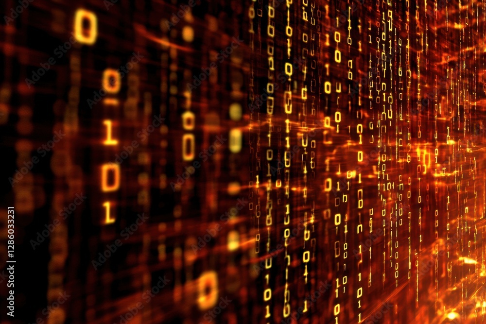 Poster Vivid streams of binary code swirl in a digital landscape illuminated by fiery hues. Generative AI