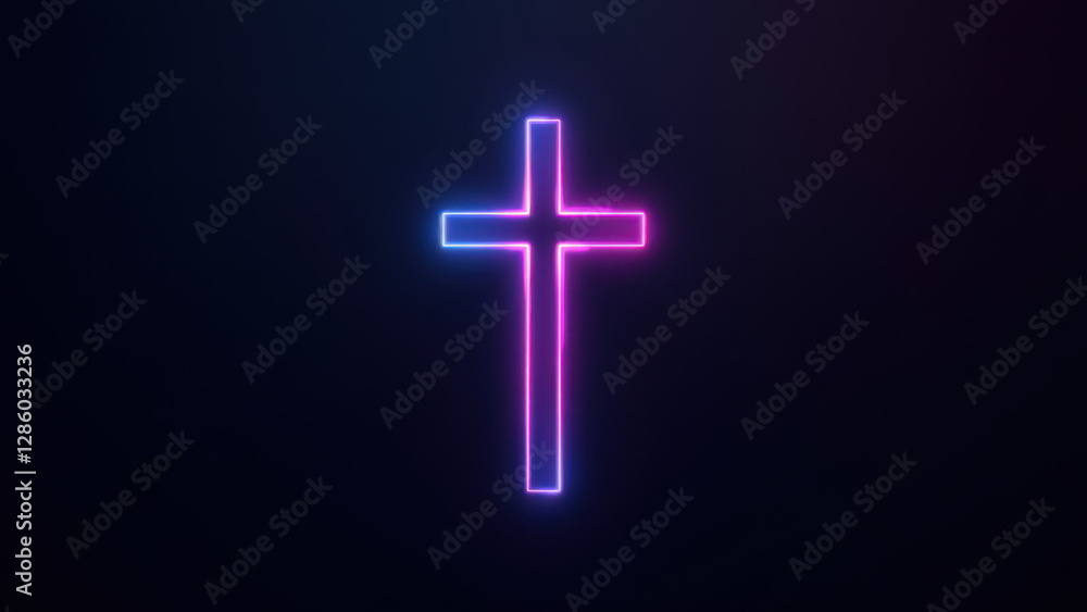 Poster christian cross in digital neon on dark background with light gray bottom border.