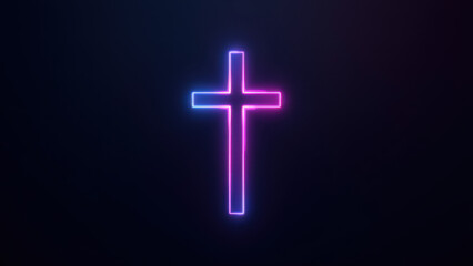 Fototapeta premium Christian cross in digital neon on dark background with light gray bottom border.