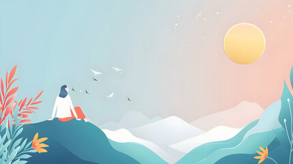 Serene woman gazing at a pastel sunset over mountains with birds flying in the sky