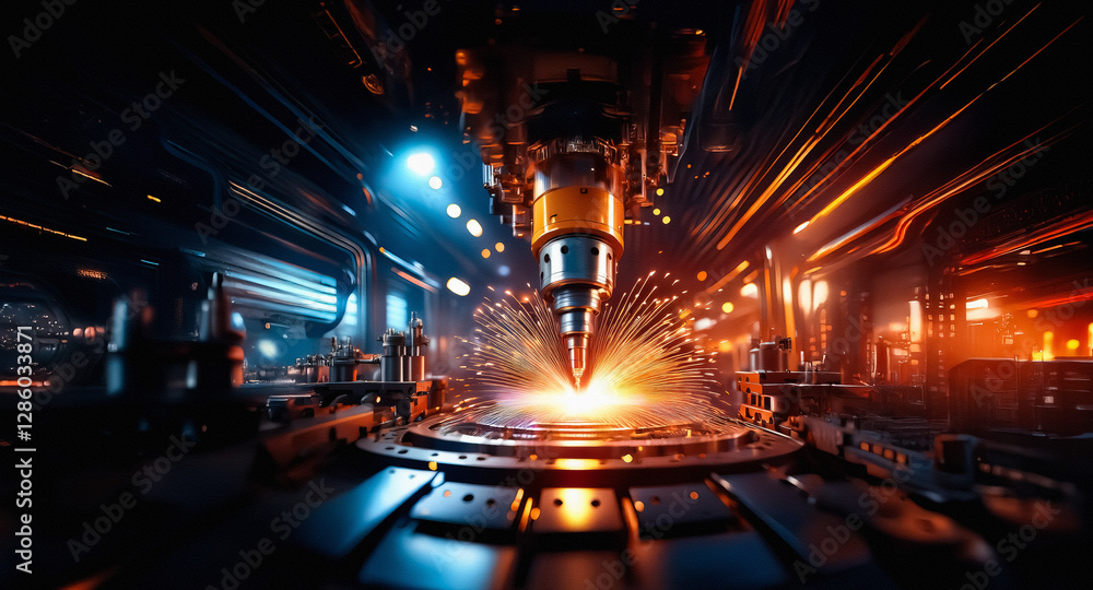Aufkleber a powerful industrial machine operates in a factory setting, emitting bright sparks during a high-pr