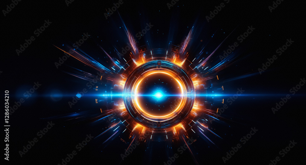Poster Abstract luminous circular energy core emits vibrant orange and blue rays on a dark backdrop, creating a dynamic radial light effect.