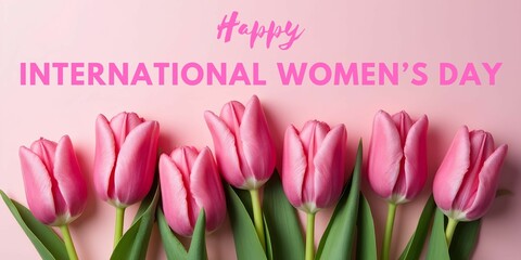 Fototapeta premium Stylish banner, greeting card with the inscription “Happy International Women's Day” with a bouquet of pink tulips on a pink background. Concept International Women's Day.