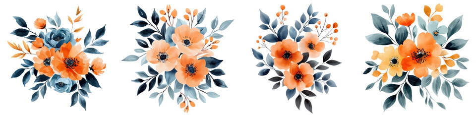 Vibrant floral bouquet with a mix of orange yellow and blue flowers surrounded by autumn foliage in a stylish decorative arrangement  Elegant and modern botanical design with a romantic vintage vibe