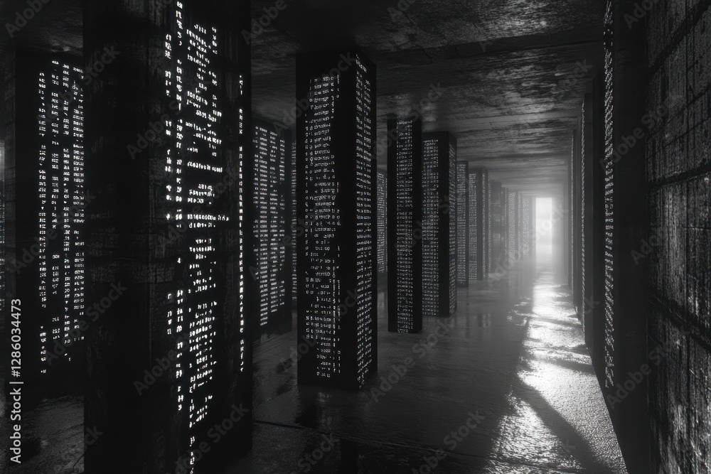 Poster creating a surreal journey through a futuristic corridor illuminated by glowing symbols. generative 
