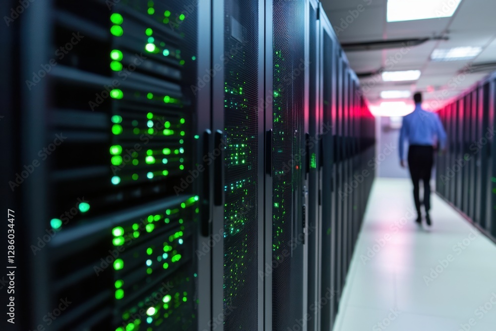 Poster exploring a modern data center with advanced technology and vibrant server lights during a quiet eve