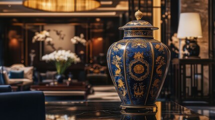 A beautifully painted ceramic vase with intricate floral designs on a wooden table.