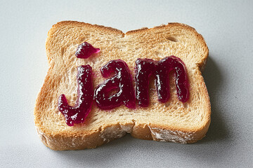 Delicious Toast with Jam: A slice of golden toast is artfully adorned with vibrant red jam, forming the word "jam", creating a playful and appetizing image, evoking feelings of warmth and sweetness.