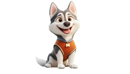 Happy Siberian husky dressed in cute attire, showing a cheerful expression on a clear background.