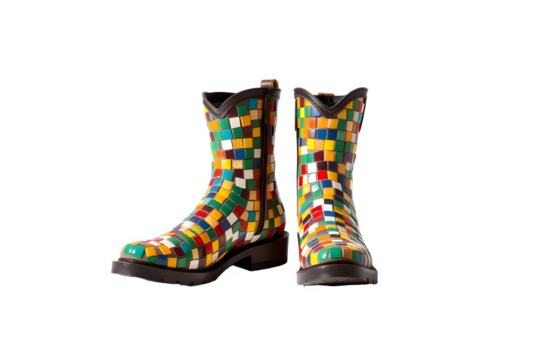 Pair of colorful mosaic pattern rain boots isolated on white background representing fashion and individuality. Transparent PNG
