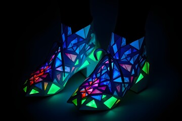 Futuristic neon footwear with geometric led glow isolated on dark background