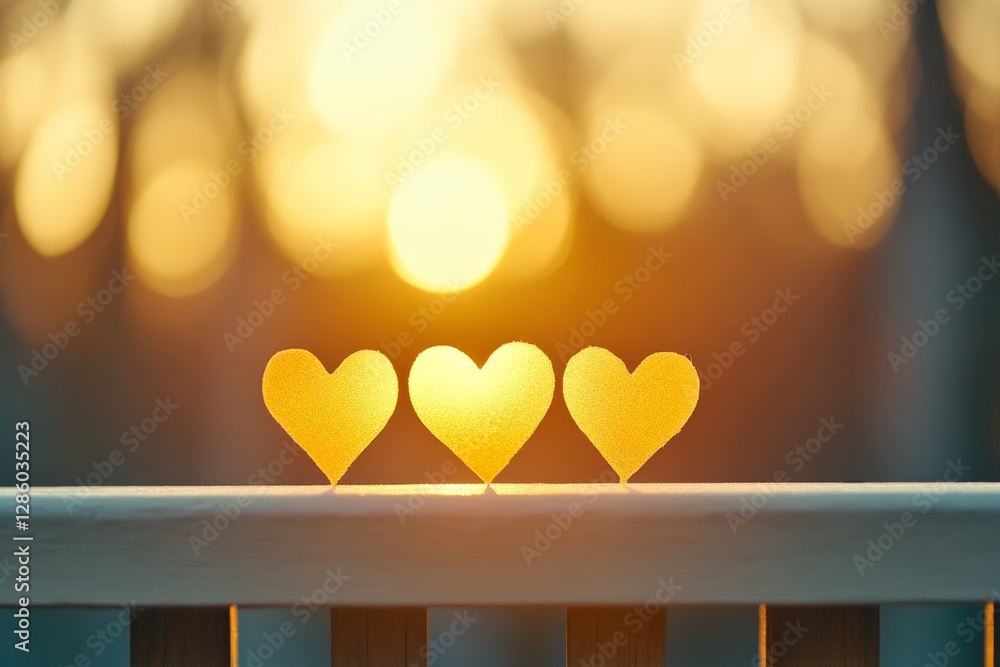 Poster three yellow heart shaped objects on a wooden ledge with glowing bokeh lights creating a dreamy roma