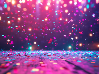 Vibrant confetti falling on dance floor with neon lights, party celebration energy, festive nightlife ambiance, colorful club event, music and fun atmosphere

