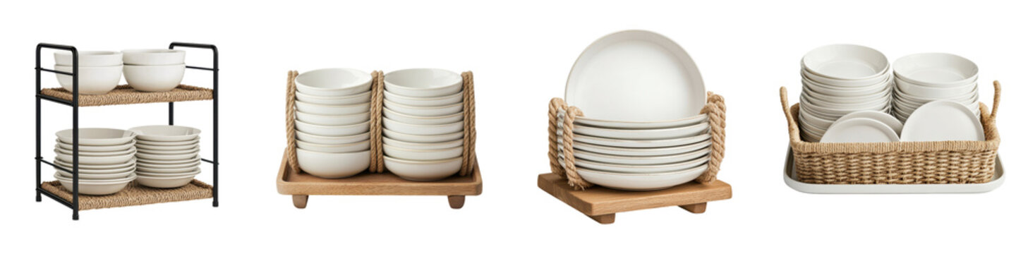 An assortment of kitchen and dining items including plates bowls cups utensils and storage baskets neatly organized and displayed on shelves and trays creating a clean modern