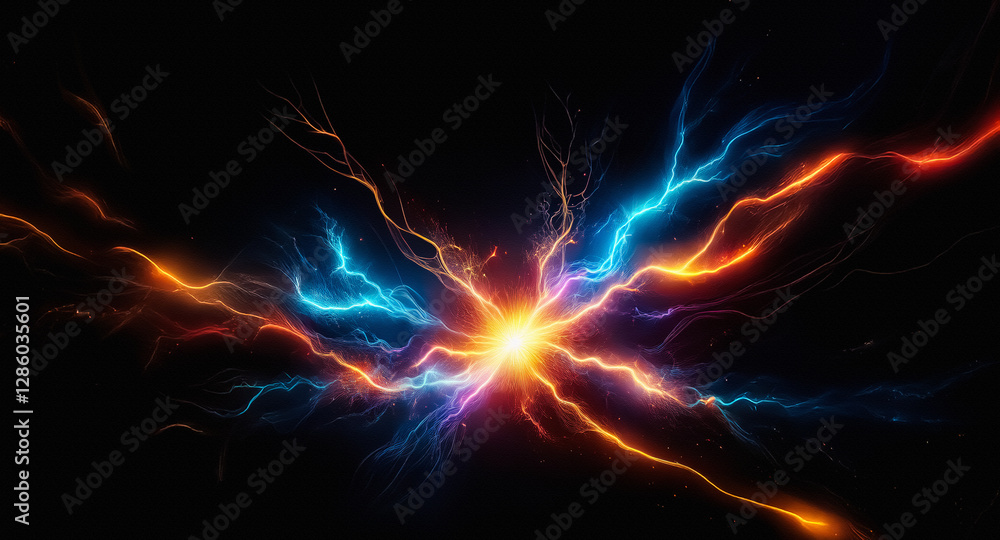 Poster Radiant energy bursts from a central point, illuminating the dark backdrop with vibrant orange and blue streaks. Glowing rays resemble lightning bolts, creating a dynamic effect.