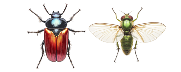 Detailed close-up of metallic beetles and colorful housefly with wings spread