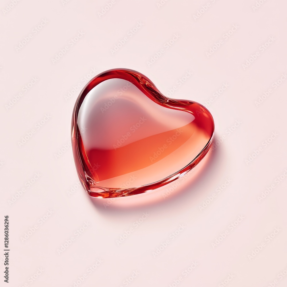 Poster red transparent heart shaped glass object with glossy texture placed on soft pink background represe