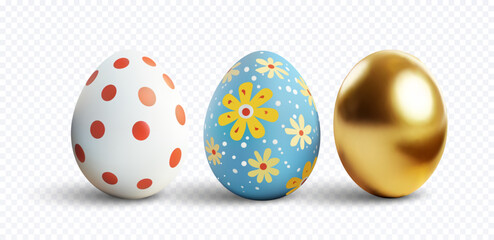 3d Colorful Easter eggs adorned with playful polka dots, bright floral patterns, and a shiny gold finish—ideal for spring celebrations, festive decor, or holiday greetings.