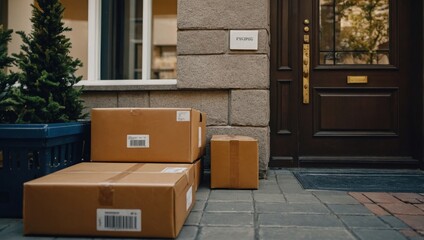 Cardboard boxes near door. Parcel delivery service