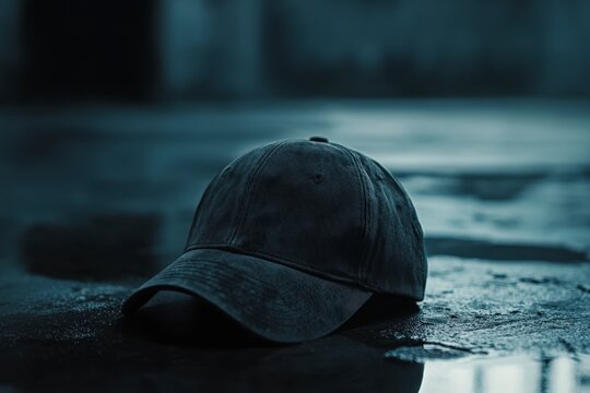 Fototapeta Dark Hat on Wet Surface in Dimly Lit Urban Environment
