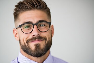 Obraz premium Handsome man with stylish glasses and neatly groomed beard in smart casual attire against a light background exuding intelligence and sophistication