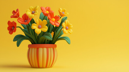 Colorful cartoon flowers in striped pot on yellow background