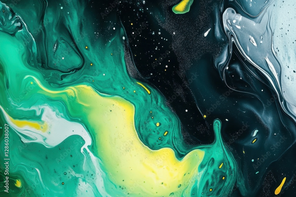 Poster vivid swirls of emerald and gold dance through deep black canvas during an abstract expression of cr