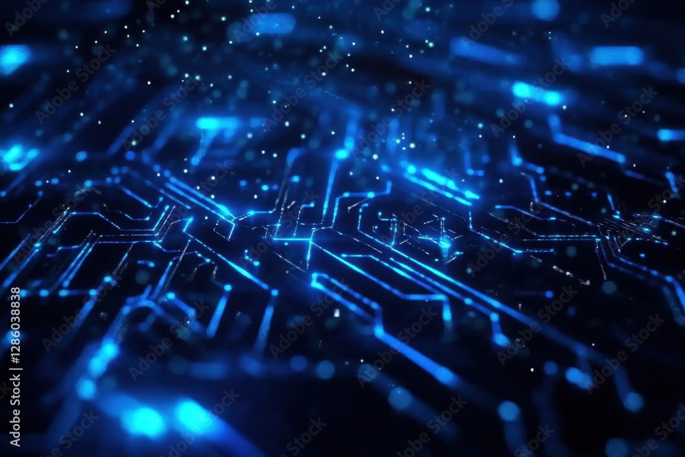 Poster intricate blue circuit board design illuminated by glowing particles creating a futuristic atmospher