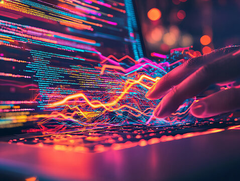 Hands typing on laptop with programming code on screen background. 