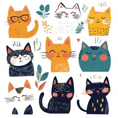 Colorful illustration of cute cartoon cats with playful expressions and charming details.