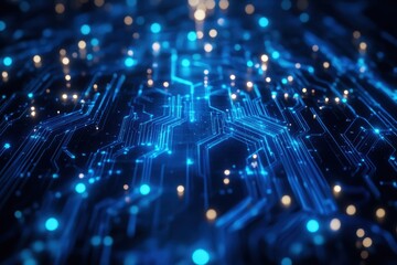 Fototapeta premium Illuminated circuitry with blue lights creates a mesmerizing digital landscape in an abstract atmospheric setting. Generative AI