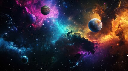 A celestial symphony of planets dancing within a vibrant nebula, glowing with radiant hues