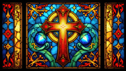 Stained glass window with a Christian cross surrounded by intricate patterns and colors.