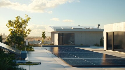 Fototapeta premium Modern Eco-Friendly Rooftop Design with Solar Panels and City Views