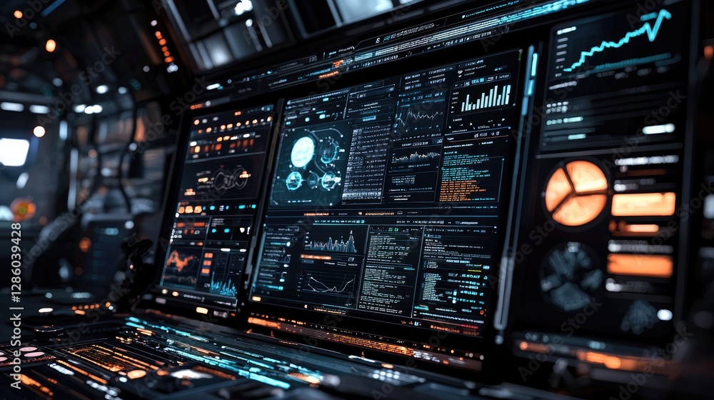 Poster futuristic technology interface, a sci-fi computer screen displaying complex data
